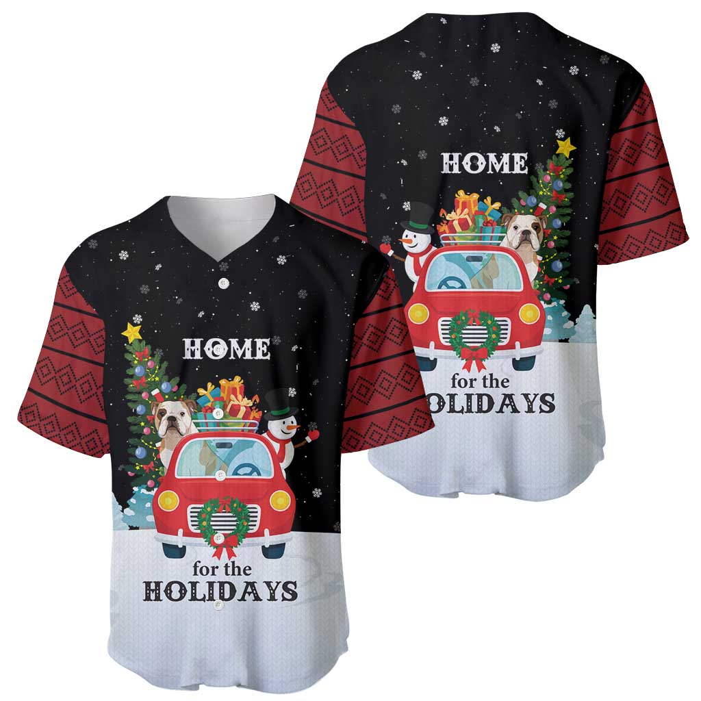 Merry Christmas Bulldog And Snowman Baseball Jersey Dog Snowman Christmas Tree and Red Car Winter Scene - Wonder Print Shop