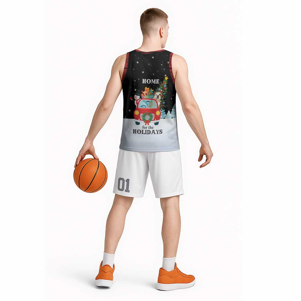 Merry Christmas Bulldog And Snowman Basketball Jersey Dog Snowman Christmas Tree and Red Car Winter Scene - Wonder Print Shop