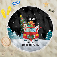 Merry Christmas Bulldog And Snowman Beach Blanket Dog Snowman Christmas Tree and Red Car Winter Scene - Wonder Print Shop