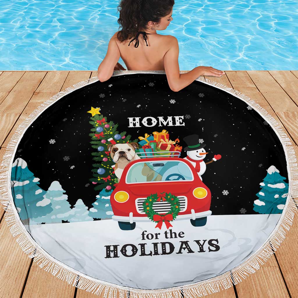 Merry Christmas Bulldog And Snowman Beach Blanket Dog Snowman Christmas Tree and Red Car Winter Scene - Wonder Print Shop