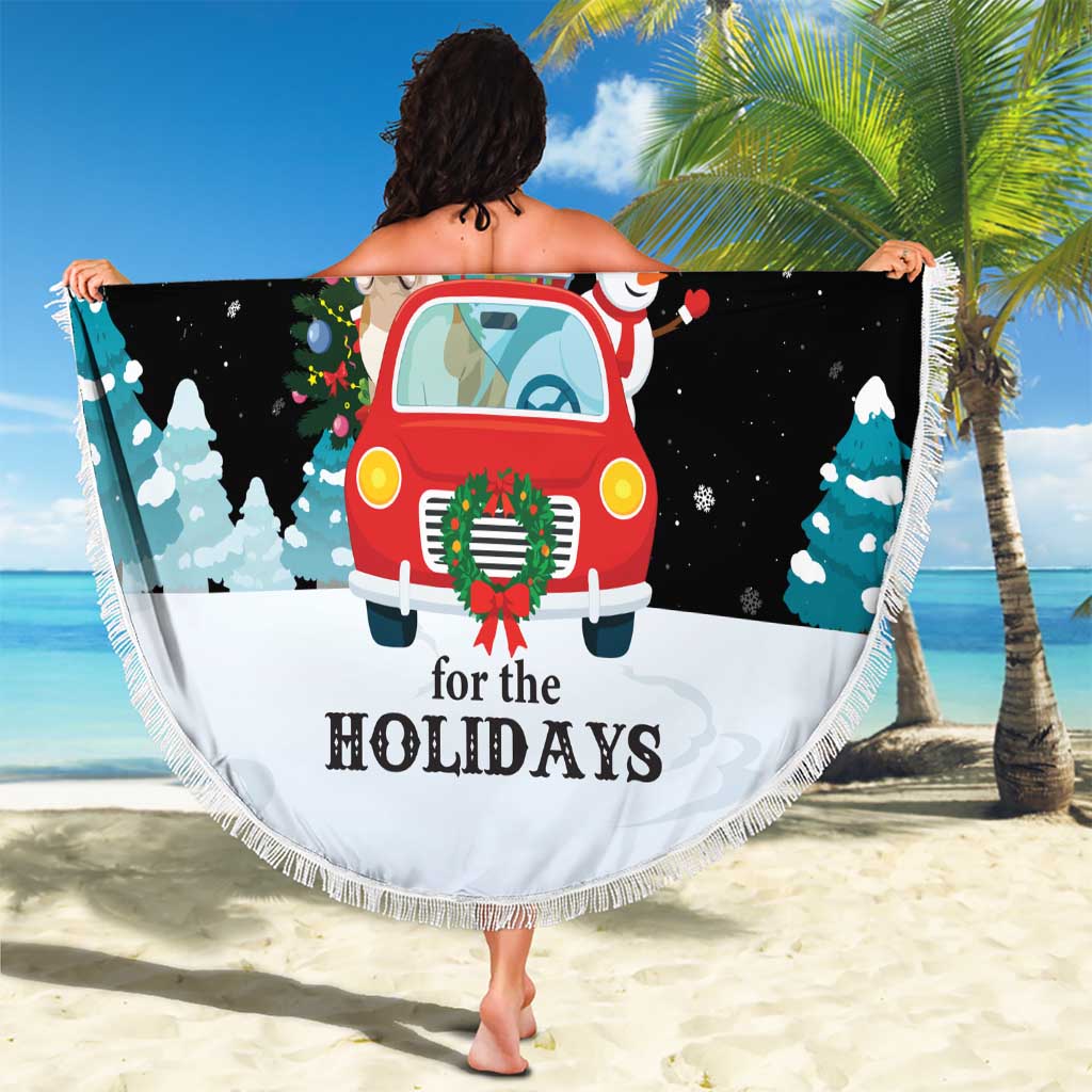 Merry Christmas Bulldog And Snowman Beach Blanket Dog Snowman Christmas Tree and Red Car Winter Scene - Wonder Print Shop
