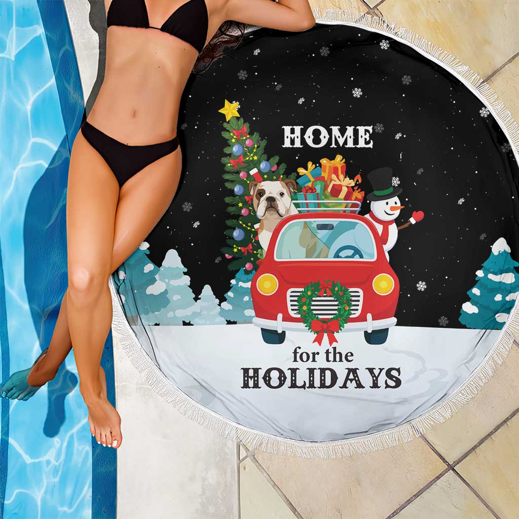 Merry Christmas Bulldog And Snowman Beach Blanket Dog Snowman Christmas Tree and Red Car Winter Scene - Wonder Print Shop