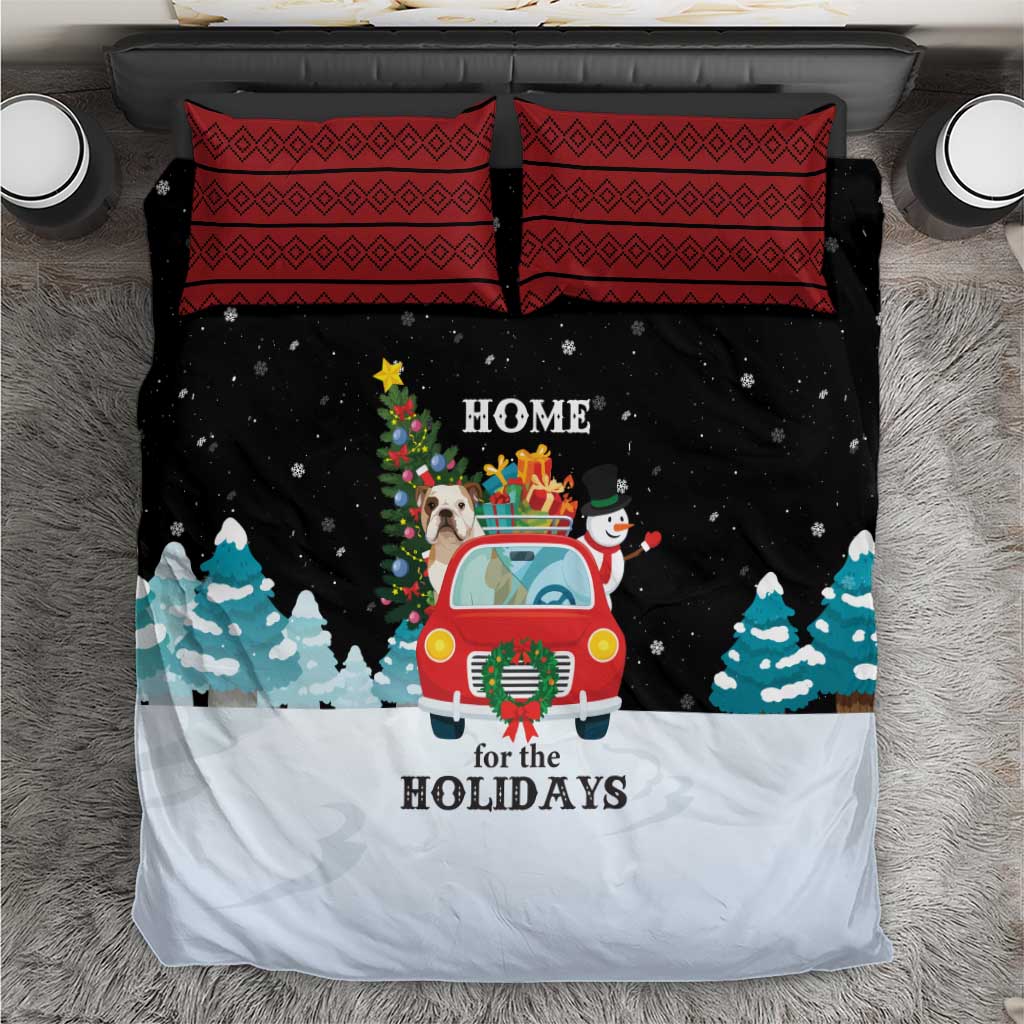 Merry Christmas Bulldog And Snowman Bedding Set Dog Snowman Christmas Tree and Red Car Winter Scene - Wonder Print Shop