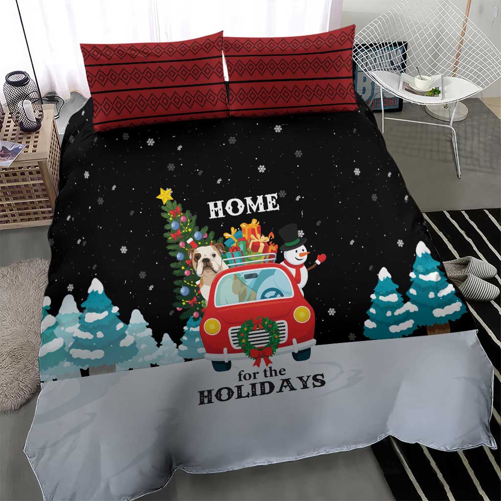 Merry Christmas Bulldog And Snowman Bedding Set Dog Snowman Christmas Tree and Red Car Winter Scene - Wonder Print Shop
