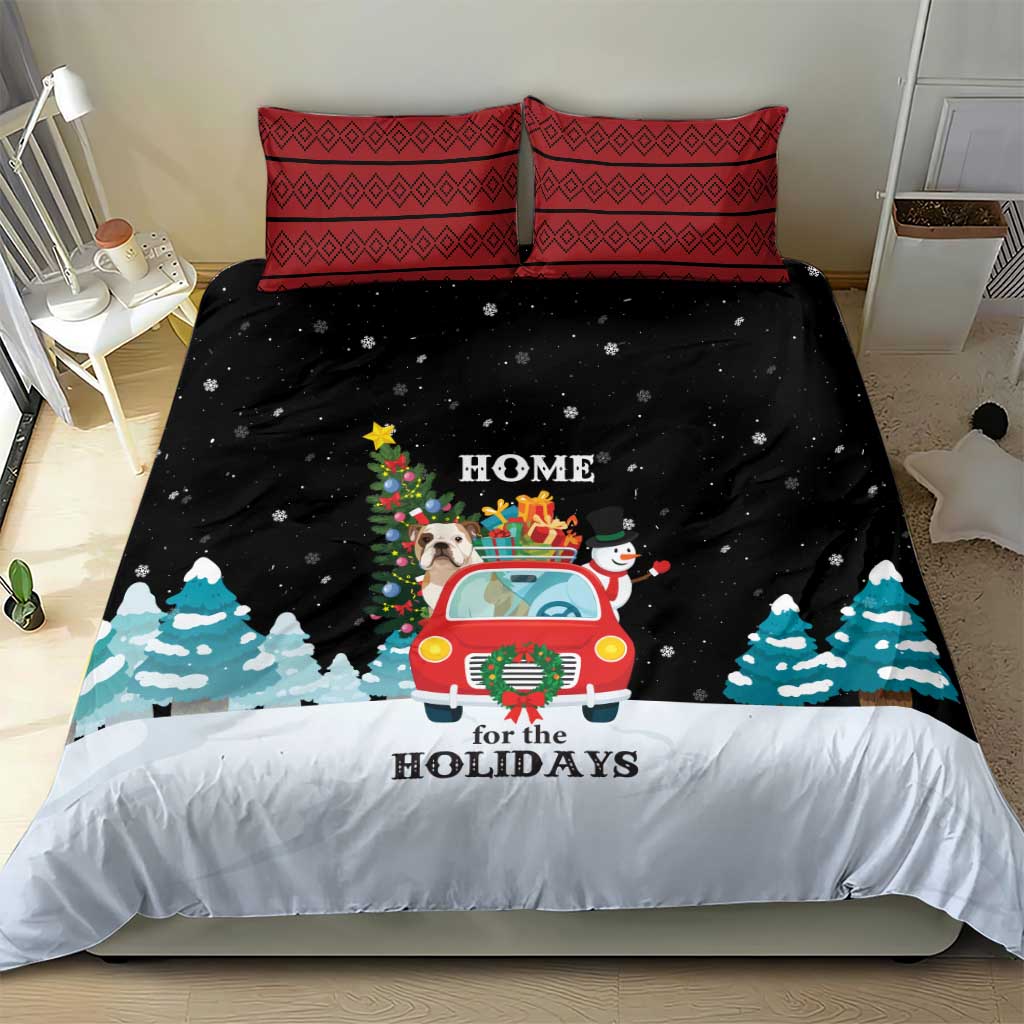 Merry Christmas Bulldog And Snowman Bedding Set Dog Snowman Christmas Tree and Red Car Winter Scene - Wonder Print Shop