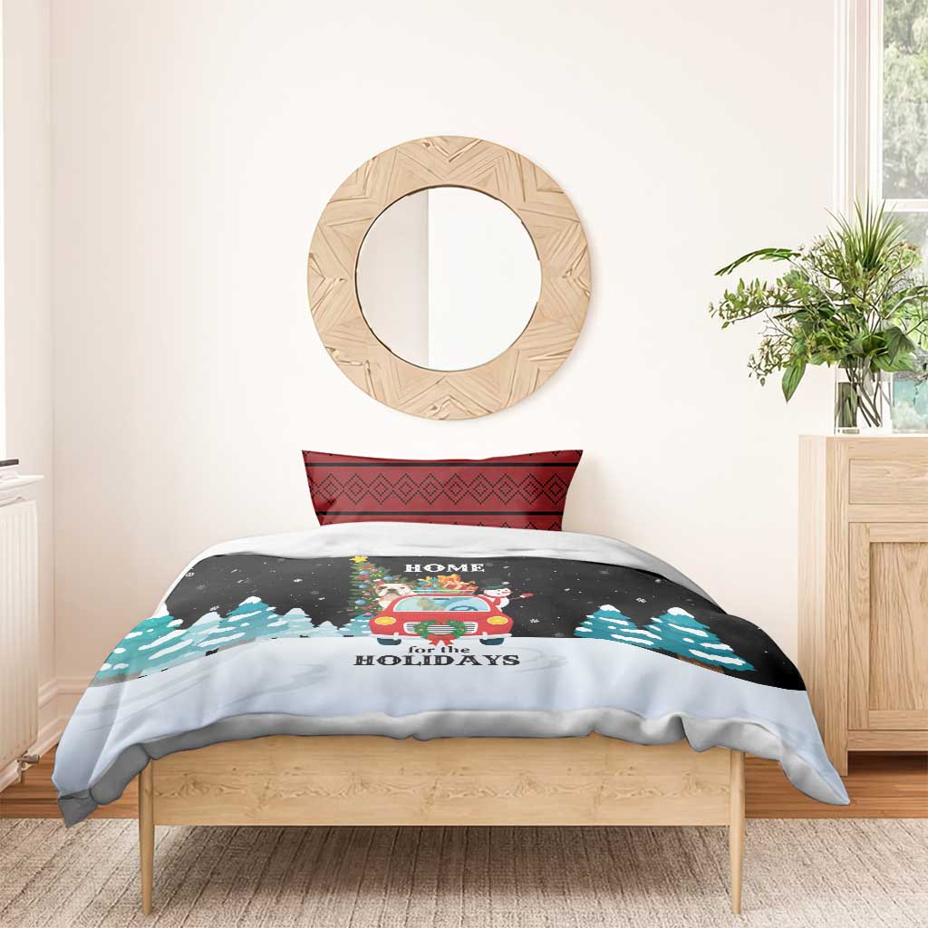 Merry Christmas Bulldog And Snowman Bedding Set Dog Snowman Christmas Tree and Red Car Winter Scene - Wonder Print Shop