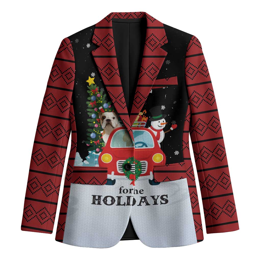 Merry Christmas Bulldog And Snowman Blazer Dog Snowman Christmas Tree and Red Car Winter Scene - Wonder Print Shop