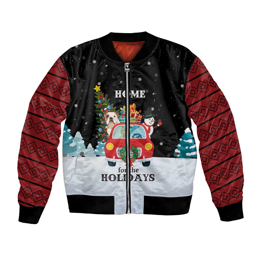Merry Christmas Bulldog And Snowman Bomber Jacket Dog Snowman Christmas Tree and Red Car Winter Scene - Wonder Print Shop