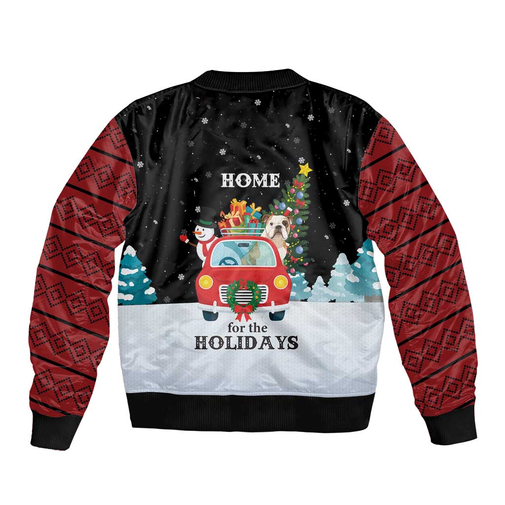 Merry Christmas Bulldog And Snowman Bomber Jacket Dog Snowman Christmas Tree and Red Car Winter Scene - Wonder Print Shop