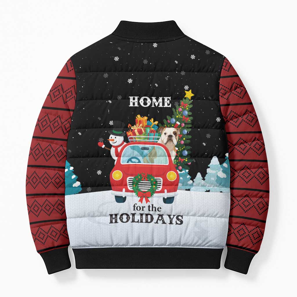 Merry Christmas Bulldog And Snowman Bomber Puffer Jacket Dog Snowman Christmas Tree and Red Car Winter Scene - Wonder Print Shop