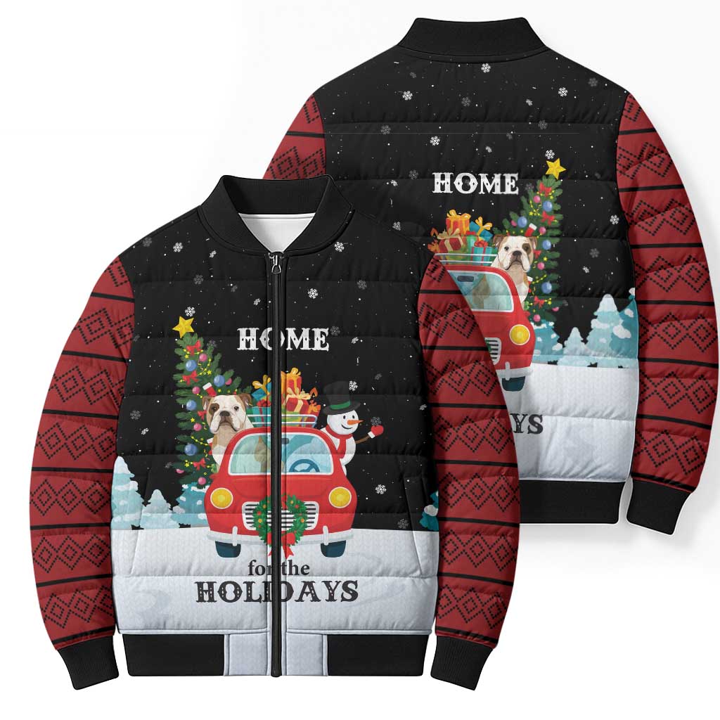 Merry Christmas Bulldog And Snowman Bomber Puffer Jacket Dog Snowman Christmas Tree and Red Car Winter Scene - Wonder Print Shop
