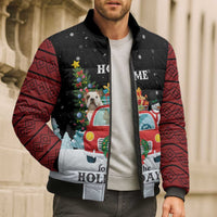Merry Christmas Bulldog And Snowman Bomber Puffer Jacket Dog Snowman Christmas Tree and Red Car Winter Scene - Wonder Print Shop
