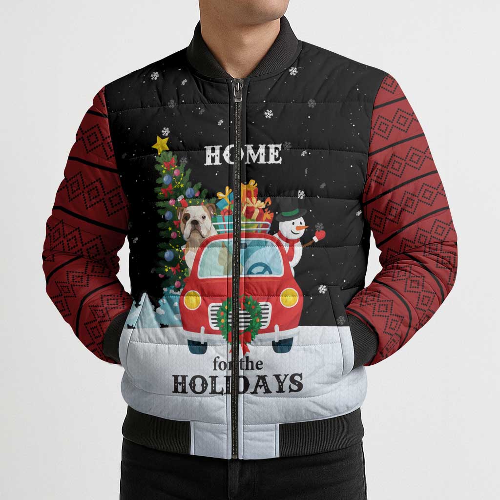 Merry Christmas Bulldog And Snowman Bomber Puffer Jacket Dog Snowman Christmas Tree and Red Car Winter Scene - Wonder Print Shop