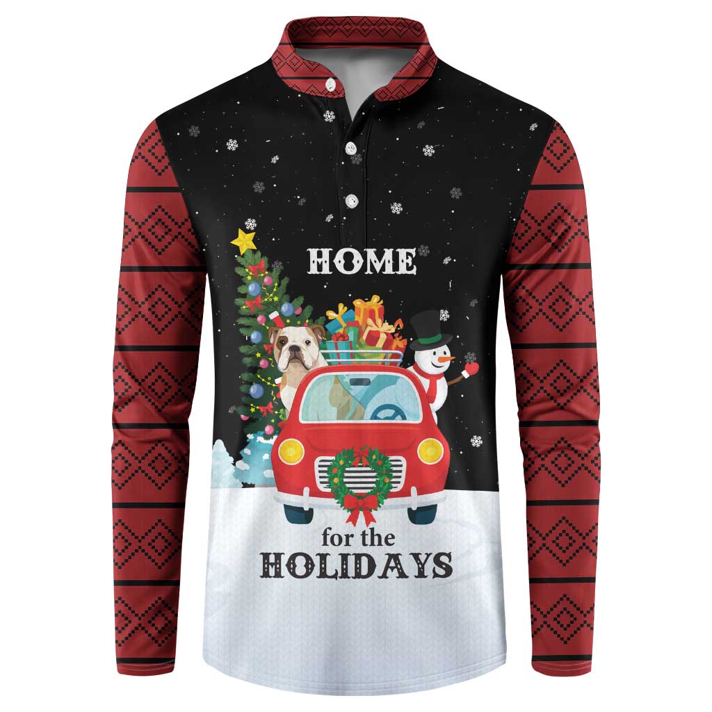 Merry Christmas Bulldog And Snowman Button Sweatshirt Dog Snowman Christmas Tree and Red Car Winter Scene - Wonder Print Shop