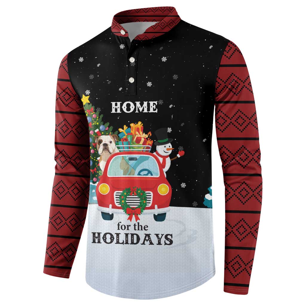 Merry Christmas Bulldog And Snowman Button Sweatshirt Dog Snowman Christmas Tree and Red Car Winter Scene - Wonder Print Shop