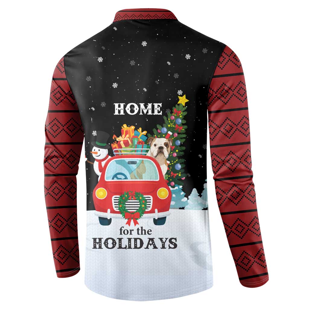 Merry Christmas Bulldog And Snowman Button Sweatshirt Dog Snowman Christmas Tree and Red Car Winter Scene - Wonder Print Shop