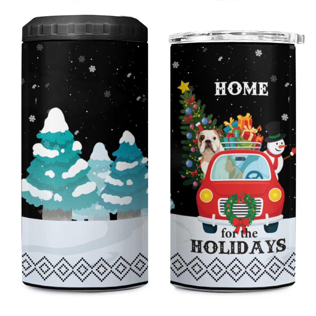 Merry Christmas Bulldog And Snowman 4 in 1 Can Cooler Tumbler Dog Snowman Christmas Tree and Red Car Winter Scene - Wonder Print Shop
