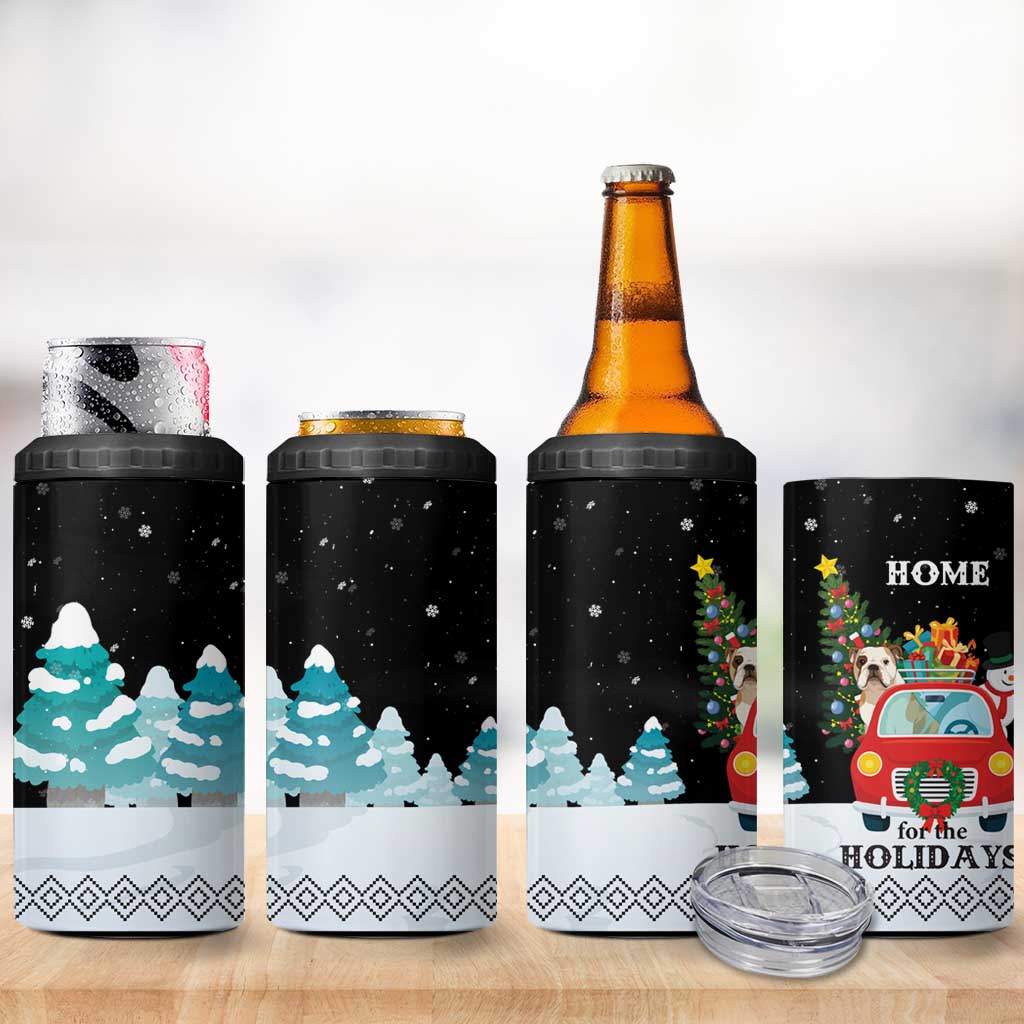 Merry Christmas Bulldog And Snowman 4 in 1 Can Cooler Tumbler Dog Snowman Christmas Tree and Red Car Winter Scene - Wonder Print Shop