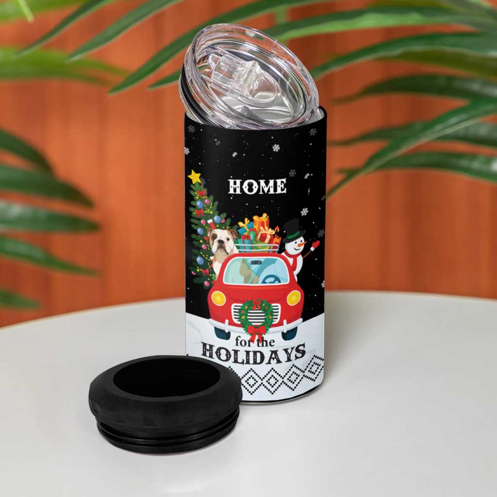 Merry Christmas Bulldog And Snowman 4 in 1 Can Cooler Tumbler Dog Snowman Christmas Tree and Red Car Winter Scene - Wonder Print Shop