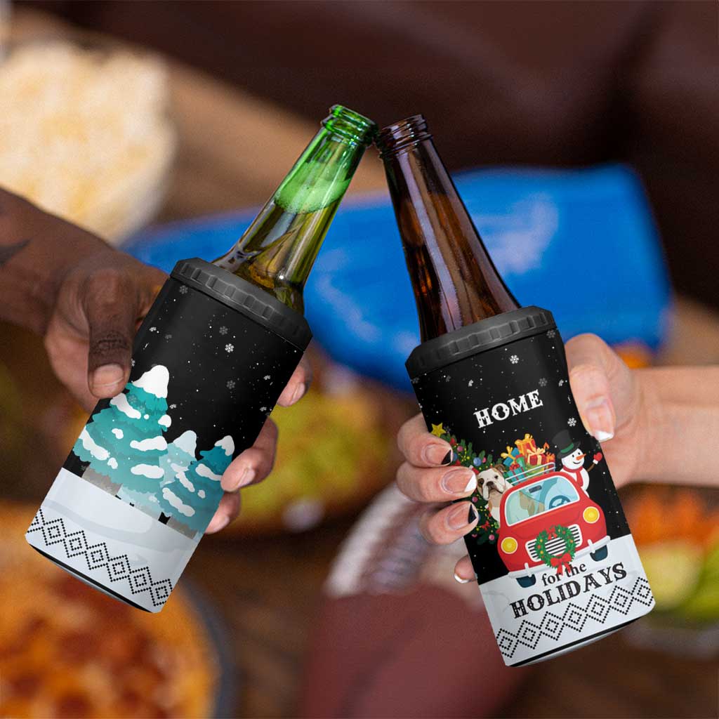 Merry Christmas Bulldog And Snowman 4 in 1 Can Cooler Tumbler Dog Snowman Christmas Tree and Red Car Winter Scene - Wonder Print Shop