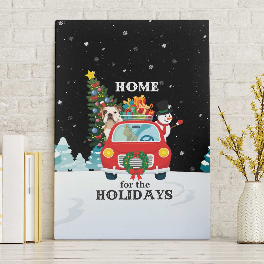 Merry Christmas Bulldog And Snowman Canvas Wall Art Dog Snowman Christmas Tree and Red Car Winter Scene - Wonder Print Shop