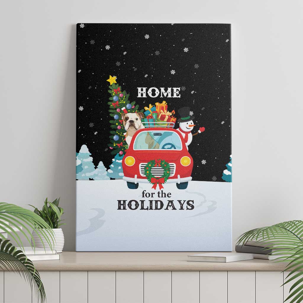 Merry Christmas Bulldog And Snowman Canvas Wall Art Dog Snowman Christmas Tree and Red Car Winter Scene - Wonder Print Shop