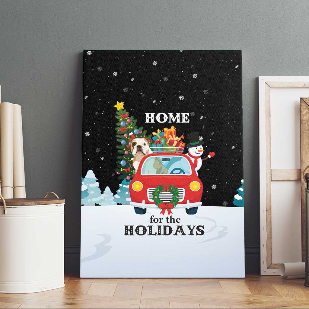 Merry Christmas Bulldog And Snowman Canvas Wall Art Dog Snowman Christmas Tree and Red Car Winter Scene - Wonder Print Shop