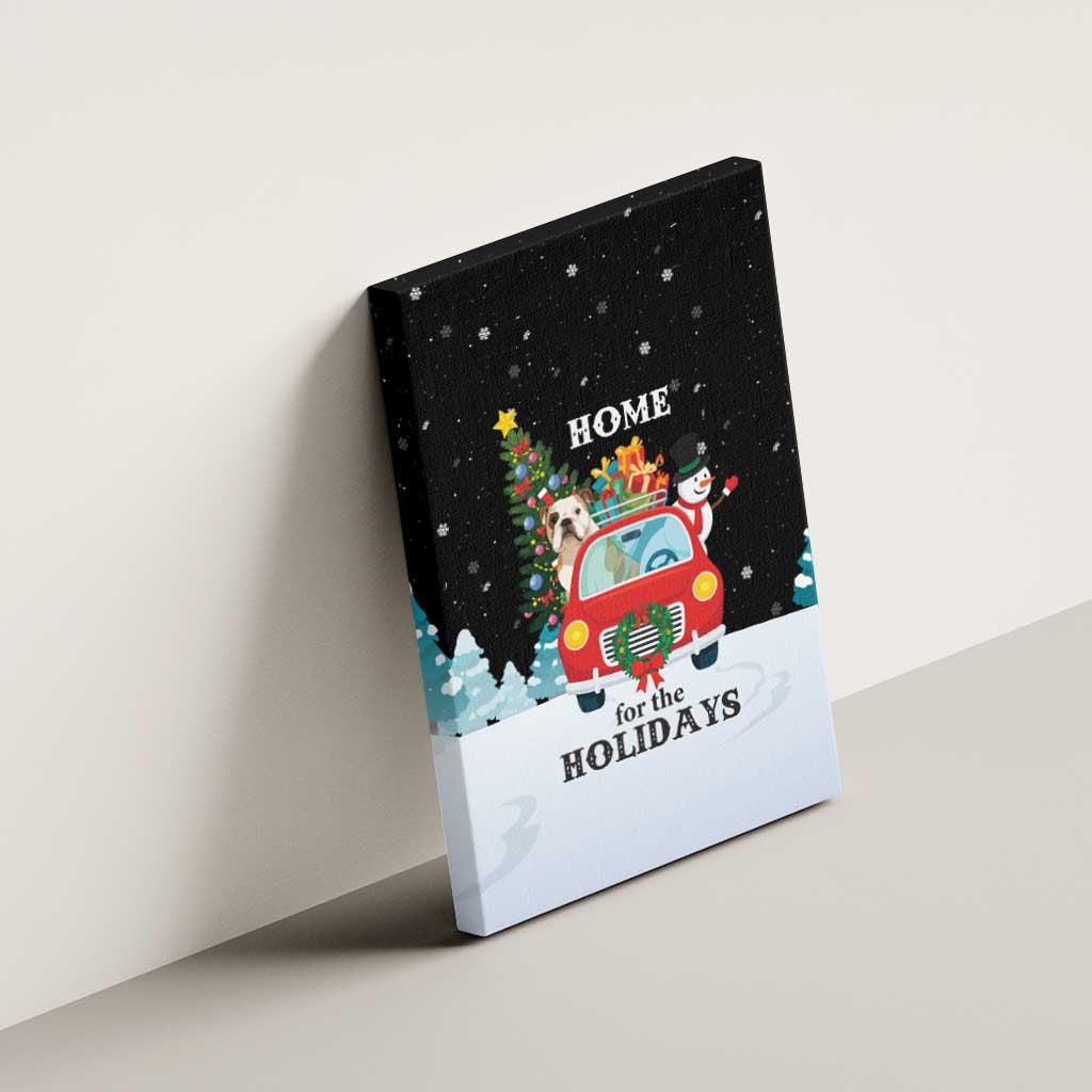 Merry Christmas Bulldog And Snowman Canvas Wall Art Dog Snowman Christmas Tree and Red Car Winter Scene - Wonder Print Shop