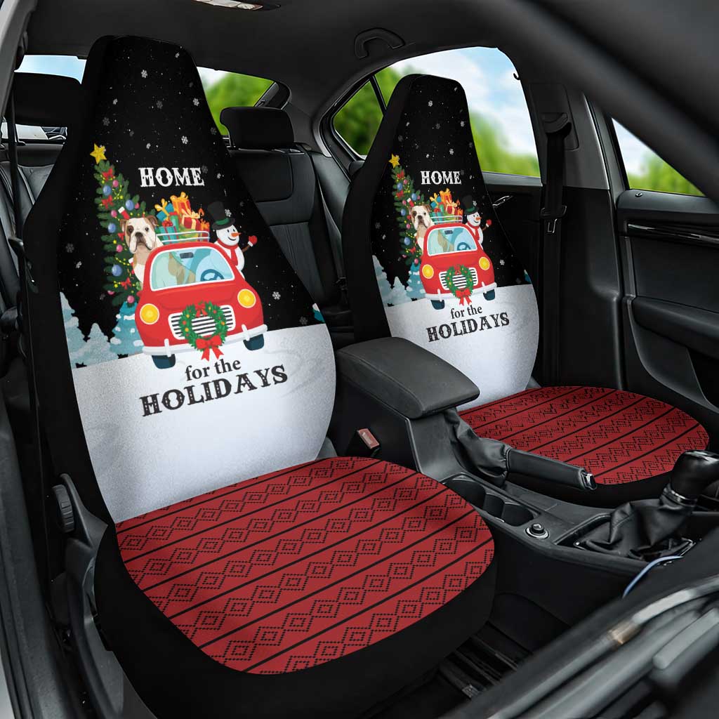 Merry Christmas Bulldog And Snowman Car Seat Cover Dog Snowman Christmas Tree and Red Car Winter Scene - Wonder Print Shop
