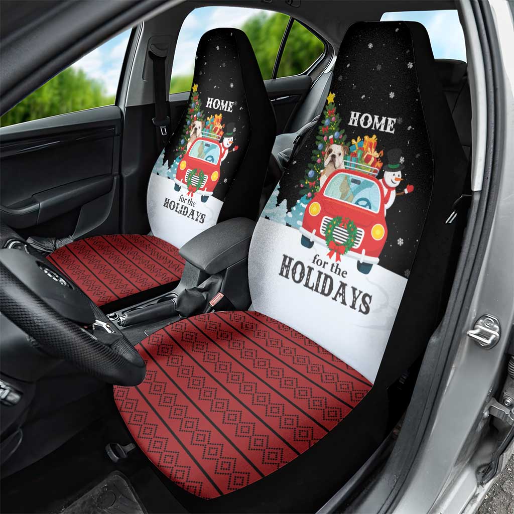Merry Christmas Bulldog And Snowman Car Seat Cover Dog Snowman Christmas Tree and Red Car Winter Scene - Wonder Print Shop