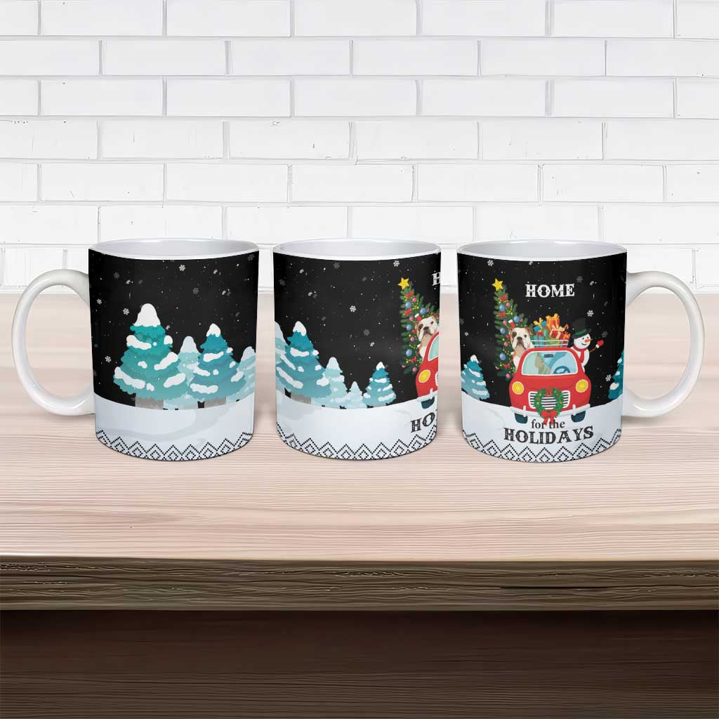 Merry Christmas Bulldog And Snowman Ceramic Mug Dog Snowman Christmas Tree and Red Car Winter Scene - Wonder Print Shop