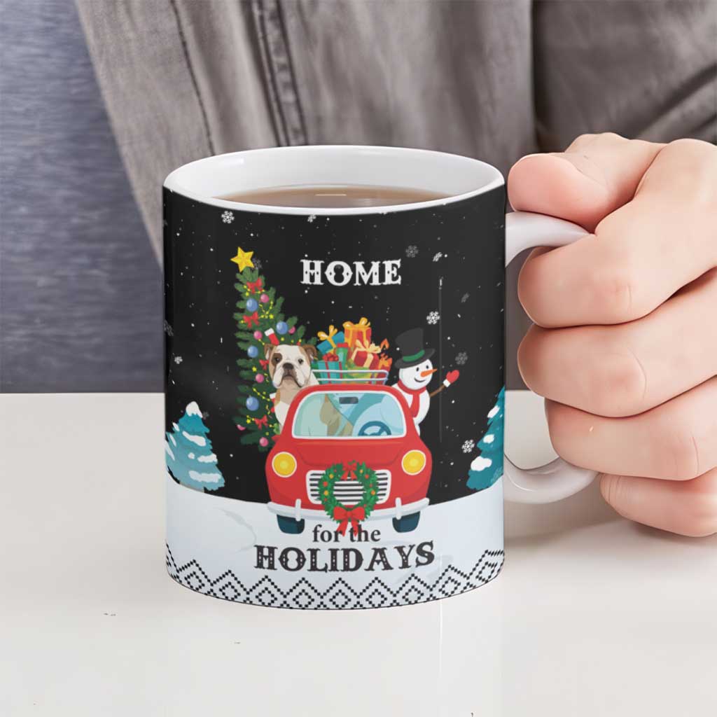 Merry Christmas Bulldog And Snowman Ceramic Mug Dog Snowman Christmas Tree and Red Car Winter Scene - Wonder Print Shop