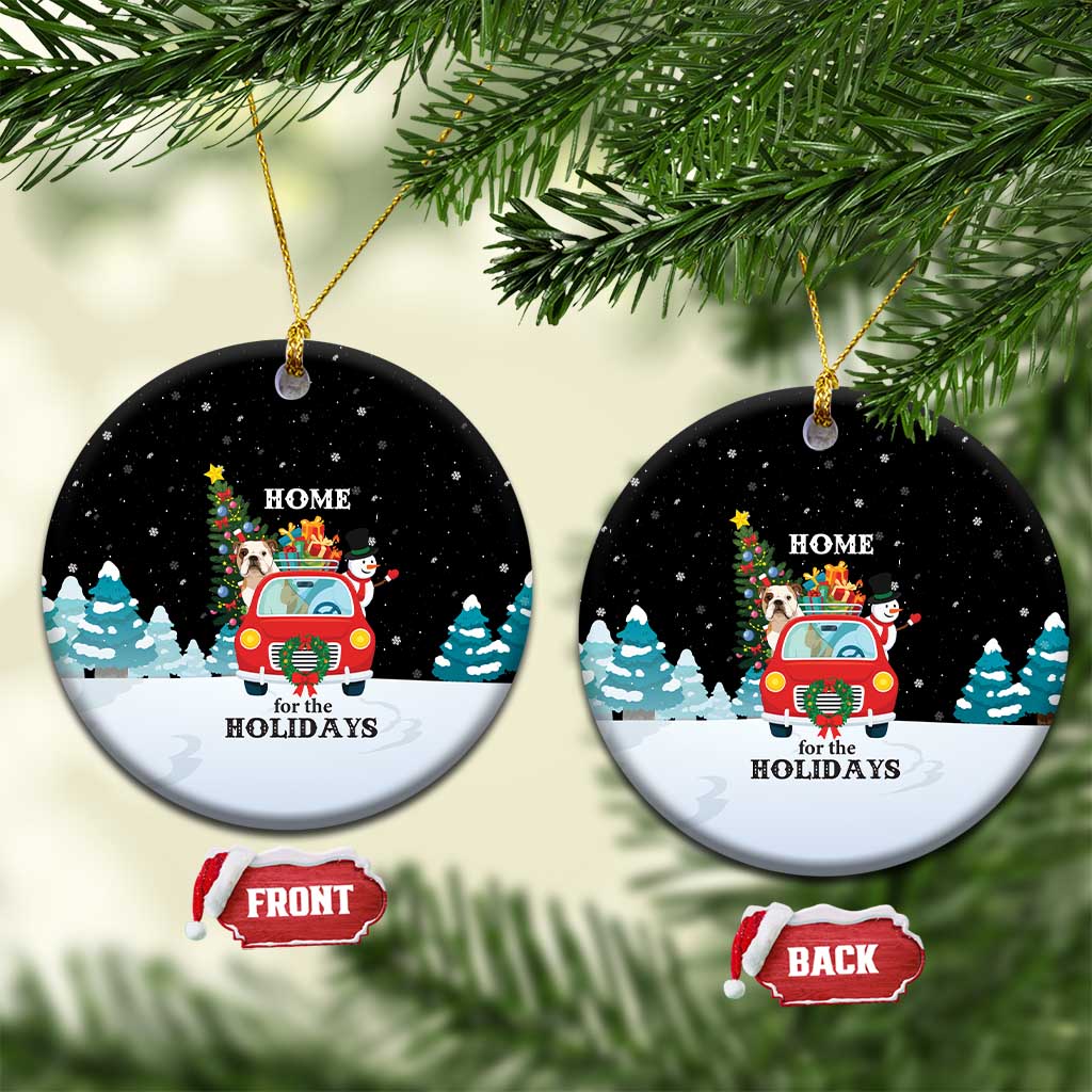 Merry Christmas Bulldog And Snowman Ceramic Ornament Dog Snowman Christmas Tree and Red Car Winter Scene - Wonder Print Shop