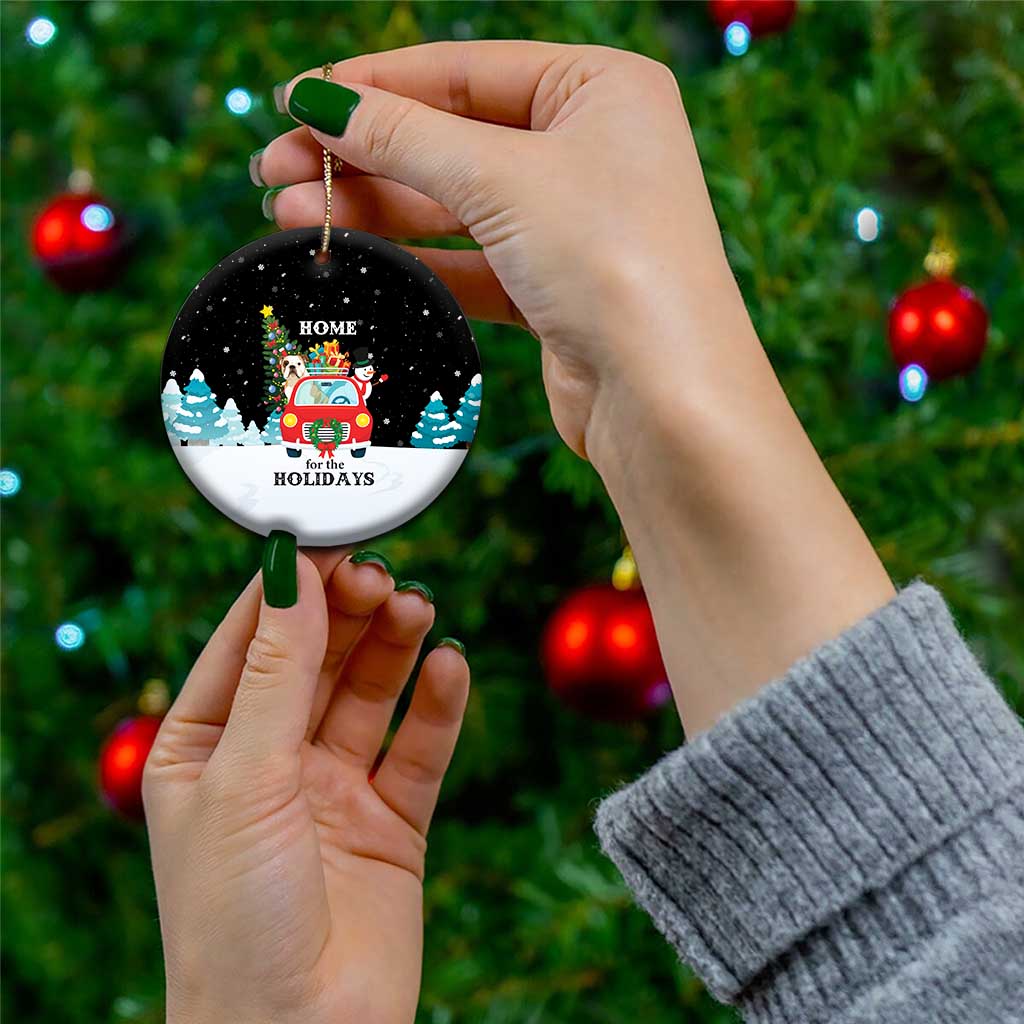 Merry Christmas Bulldog And Snowman Ceramic Ornament Dog Snowman Christmas Tree and Red Car Winter Scene - Wonder Print Shop