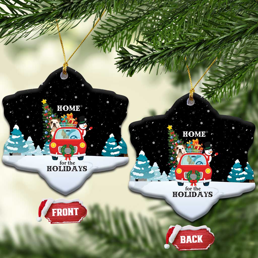 Merry Christmas Bulldog And Snowman Ceramic Ornament Dog Snowman Christmas Tree and Red Car Winter Scene - Wonder Print Shop
