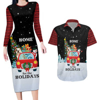 Merry Christmas Bulldog And Snowman Couples Matching Long Sleeve Bodycon Dress and Hawaiian Shirt Dog Snowman Christmas Tree and Red Car Winter Scene - Wonder Print Shop