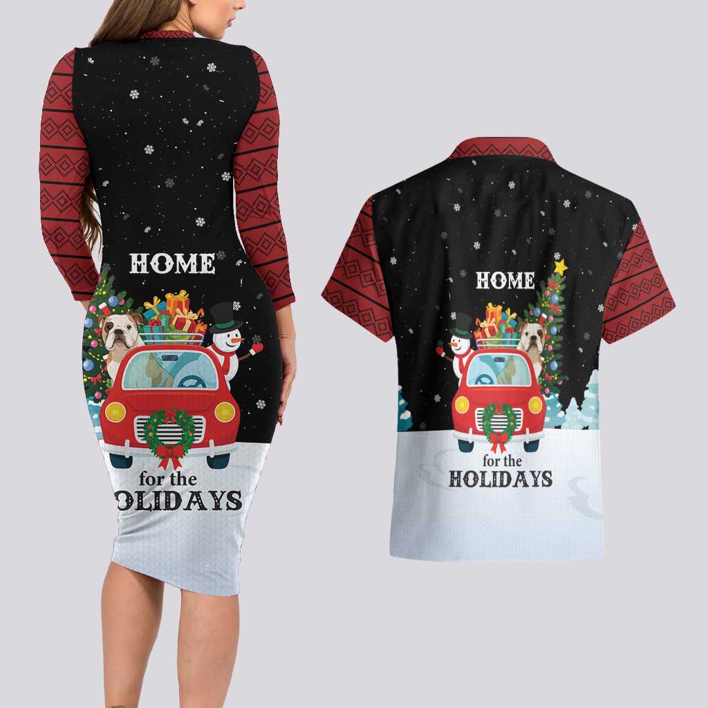 Merry Christmas Bulldog And Snowman Couples Matching Long Sleeve Bodycon Dress and Hawaiian Shirt Dog Snowman Christmas Tree and Red Car Winter Scene - Wonder Print Shop