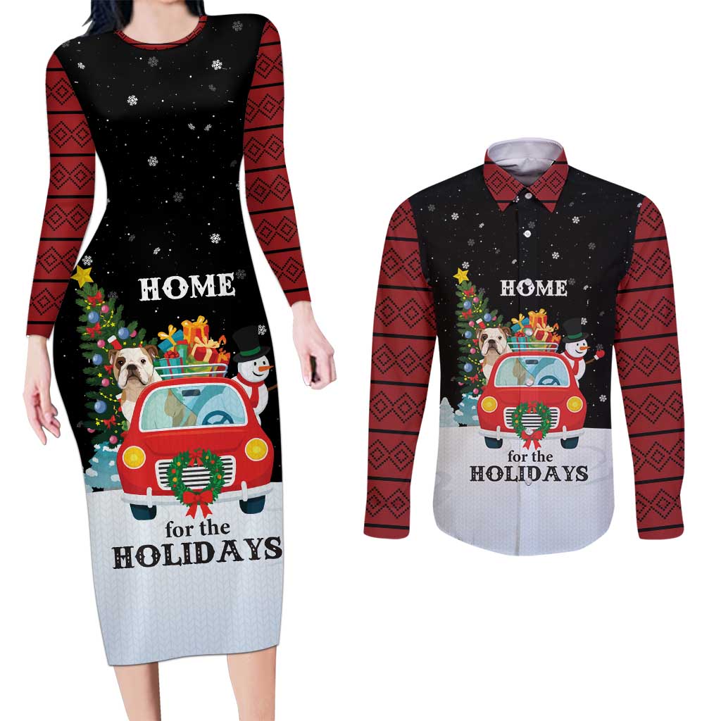 Merry Christmas Bulldog And Snowman Couples Matching Long Sleeve Bodycon Dress and Long Sleeve Button Shirt Dog Snowman Christmas Tree and Red Car Winter Scene - Wonder Print Shop