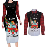 Merry Christmas Bulldog And Snowman Couples Matching Long Sleeve Bodycon Dress and Long Sleeve Button Shirt Dog Snowman Christmas Tree and Red Car Winter Scene - Wonder Print Shop