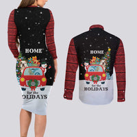 Merry Christmas Bulldog And Snowman Couples Matching Long Sleeve Bodycon Dress and Long Sleeve Button Shirt Dog Snowman Christmas Tree and Red Car Winter Scene - Wonder Print Shop