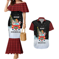 Merry Christmas Bulldog And Snowman Couples Matching Mermaid Dress and Hawaiian Shirt Dog Snowman Christmas Tree and Red Car Winter Scene - Wonder Print Shop