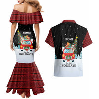 Merry Christmas Bulldog And Snowman Couples Matching Mermaid Dress and Hawaiian Shirt Dog Snowman Christmas Tree and Red Car Winter Scene - Wonder Print Shop