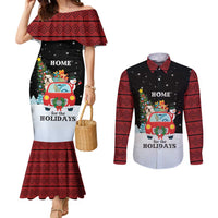 Merry Christmas Bulldog And Snowman Couples Matching Mermaid Dress and Long Sleeve Button Shirt Dog Snowman Christmas Tree and Red Car Winter Scene - Wonder Print Shop