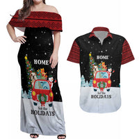 Merry Christmas Bulldog And Snowman Couples Matching Off Shoulder Maxi Dress and Hawaiian Shirt Dog Snowman Christmas Tree and Red Car Winter Scene - Wonder Print Shop