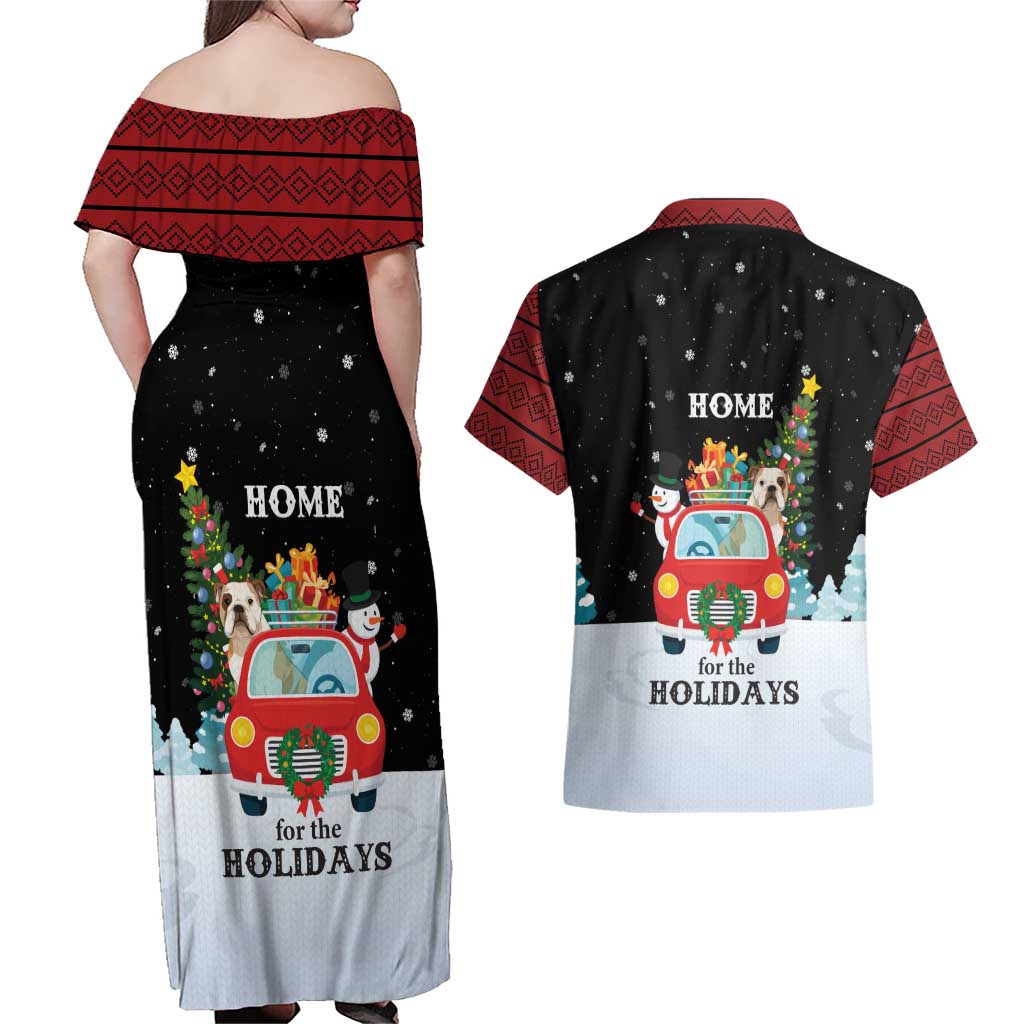 Merry Christmas Bulldog And Snowman Couples Matching Off Shoulder Maxi Dress and Hawaiian Shirt Dog Snowman Christmas Tree and Red Car Winter Scene - Wonder Print Shop