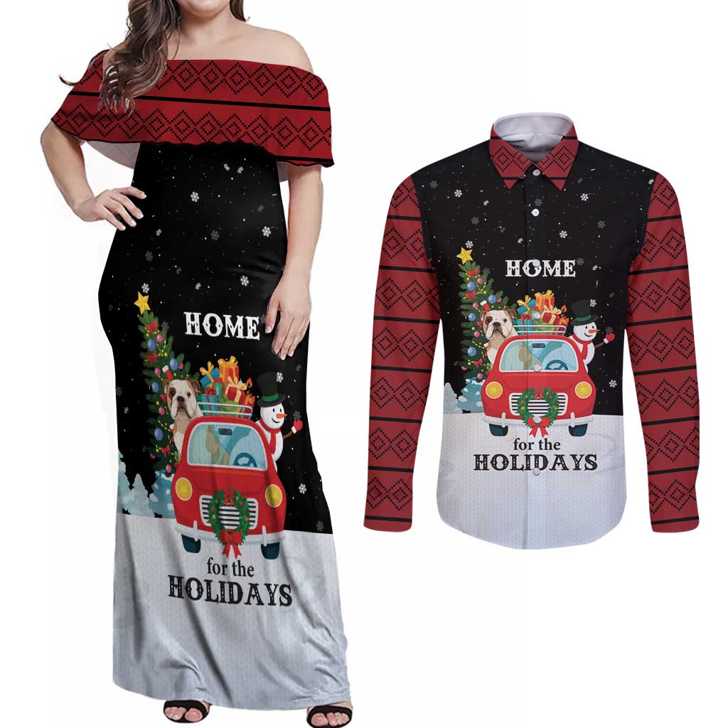 Merry Christmas Bulldog And Snowman Couples Matching Off Shoulder Maxi Dress and Long Sleeve Button Shirt Dog Snowman Christmas Tree and Red Car Winter Scene - Wonder Print Shop