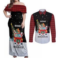 Merry Christmas Bulldog And Snowman Couples Matching Off Shoulder Maxi Dress and Long Sleeve Button Shirt Dog Snowman Christmas Tree and Red Car Winter Scene - Wonder Print Shop
