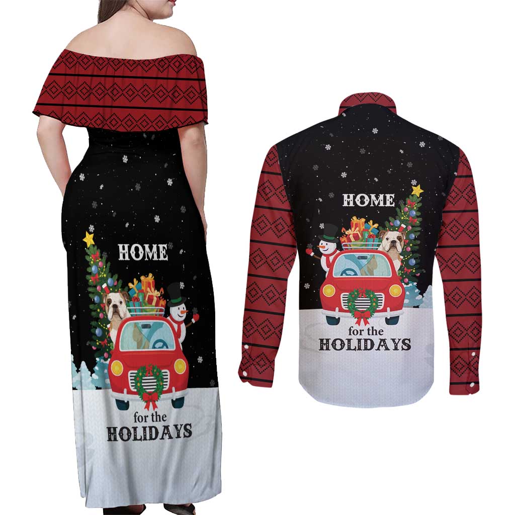Merry Christmas Bulldog And Snowman Couples Matching Off Shoulder Maxi Dress and Long Sleeve Button Shirt Dog Snowman Christmas Tree and Red Car Winter Scene - Wonder Print Shop