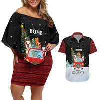 Merry Christmas Bulldog And Snowman Couples Matching Off Shoulder Short Dress and Hawaiian Shirt Dog Snowman Christmas Tree and Red Car Winter Scene - Wonder Print Shop