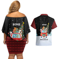 Merry Christmas Bulldog And Snowman Couples Matching Off Shoulder Short Dress and Hawaiian Shirt Dog Snowman Christmas Tree and Red Car Winter Scene - Wonder Print Shop